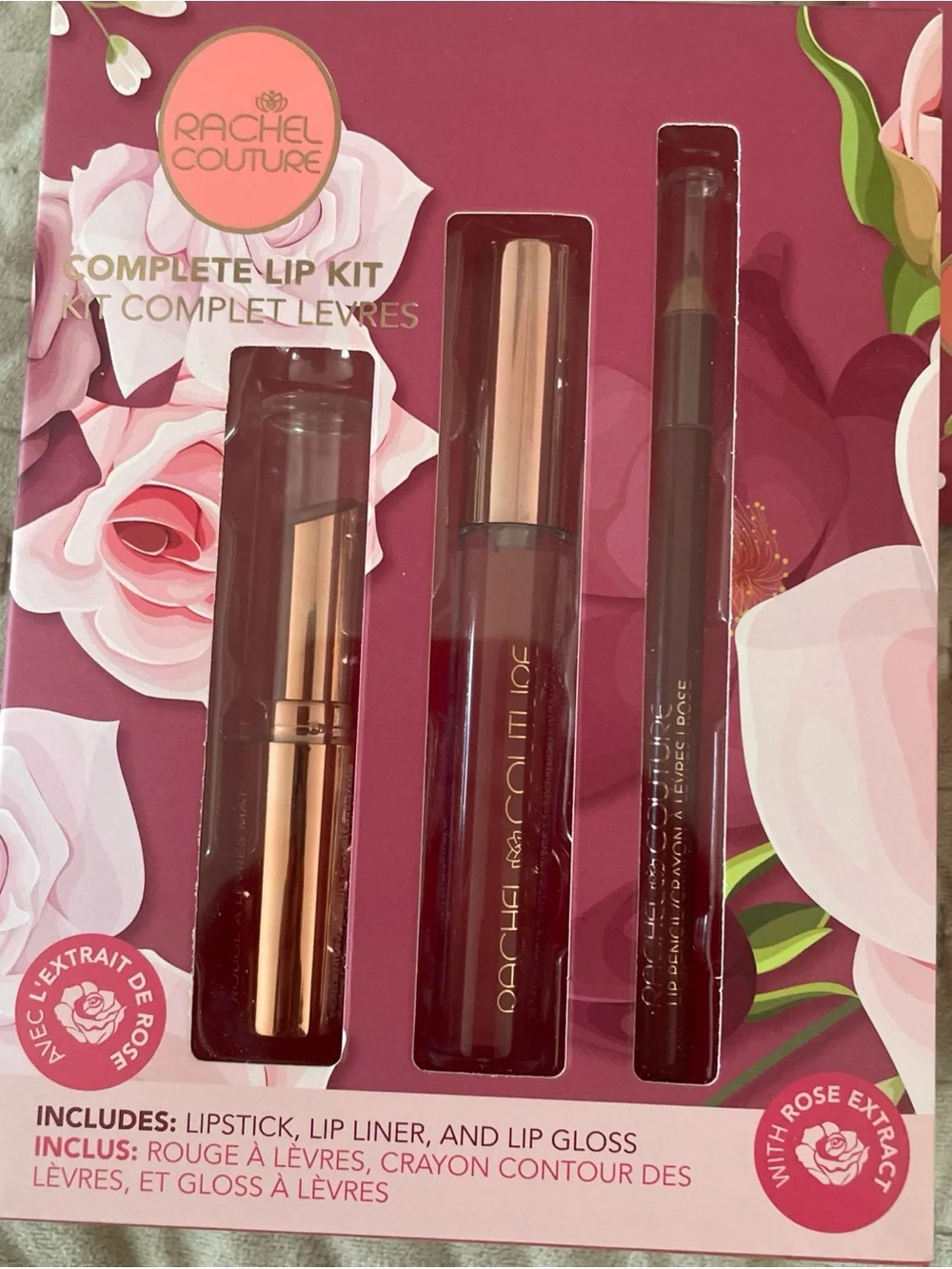 Lot of 3 Complete Lip Kit — Rose, nude and mood lipstick, gloss & liner